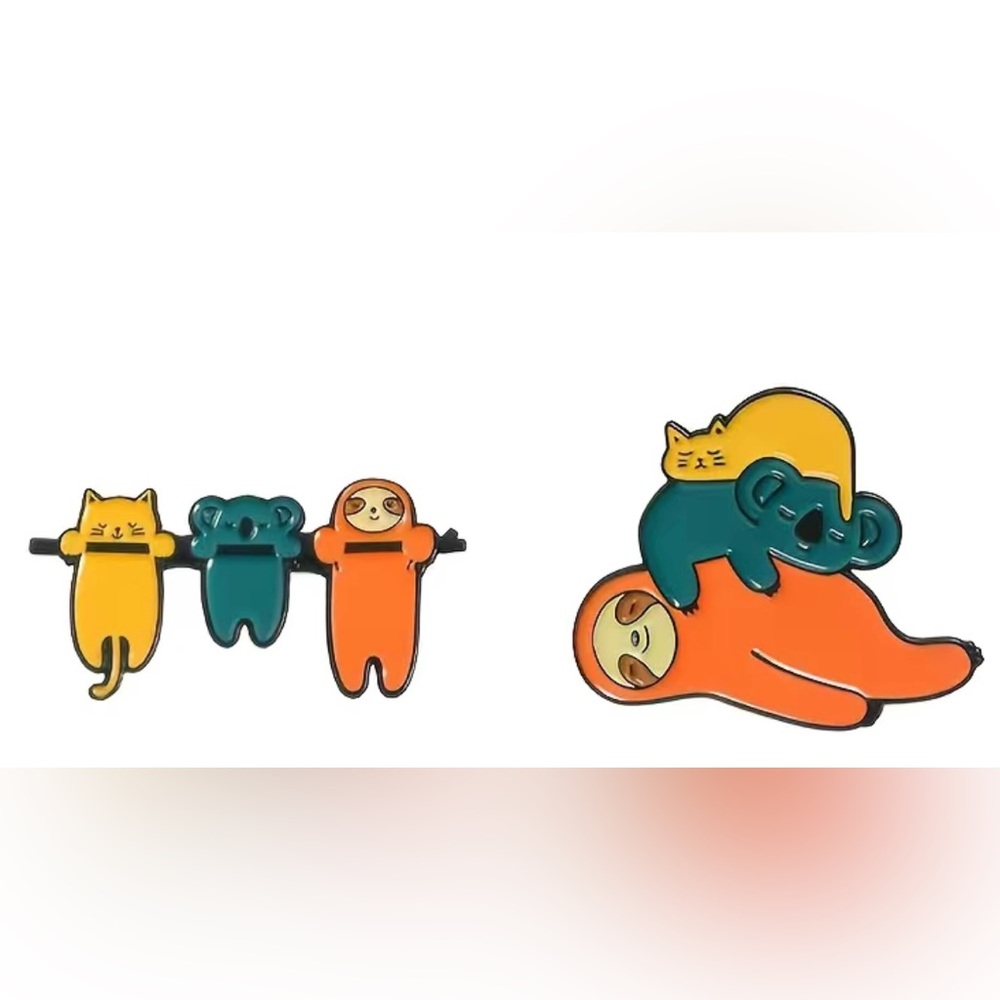 New Set of 2 Sloth & Friends pins-cat, koala & sloth hanging on & resting